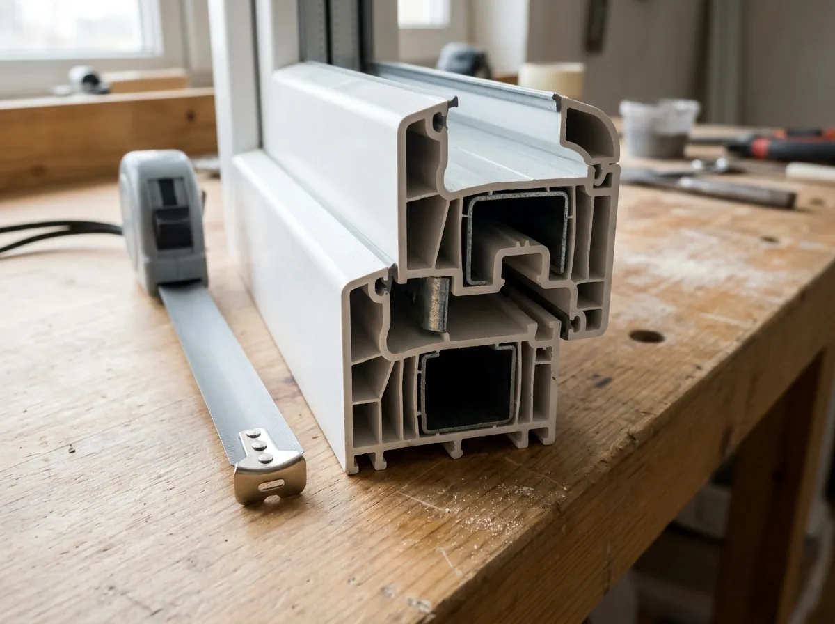 Cut section of a white multi-chamber vinyl window frame on a workbench