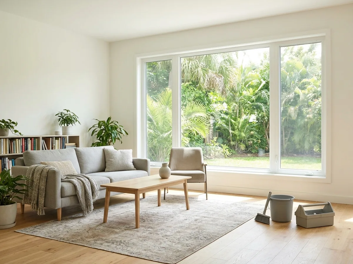 Large white vinyl fixed picture window in a bright living room