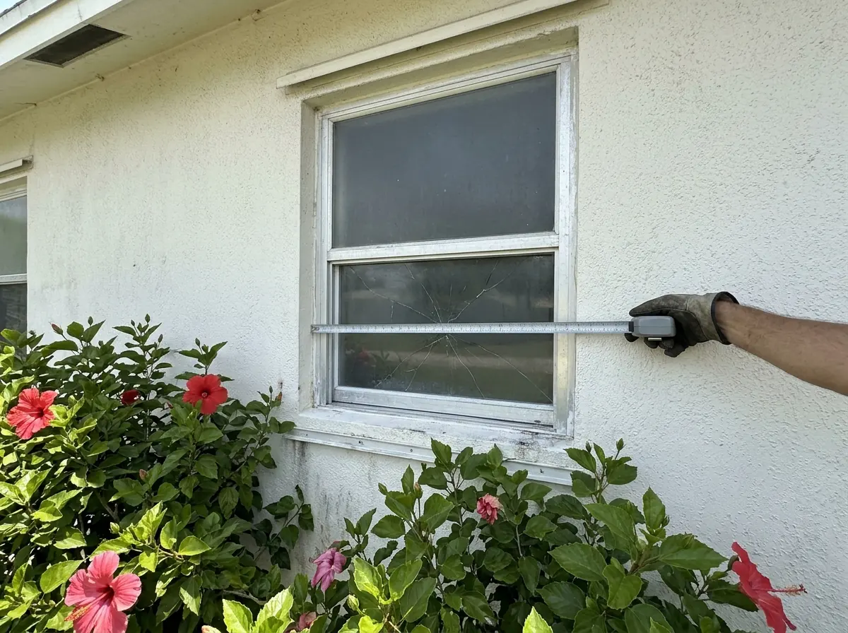 Window with a cracked single pane being measured for new glass