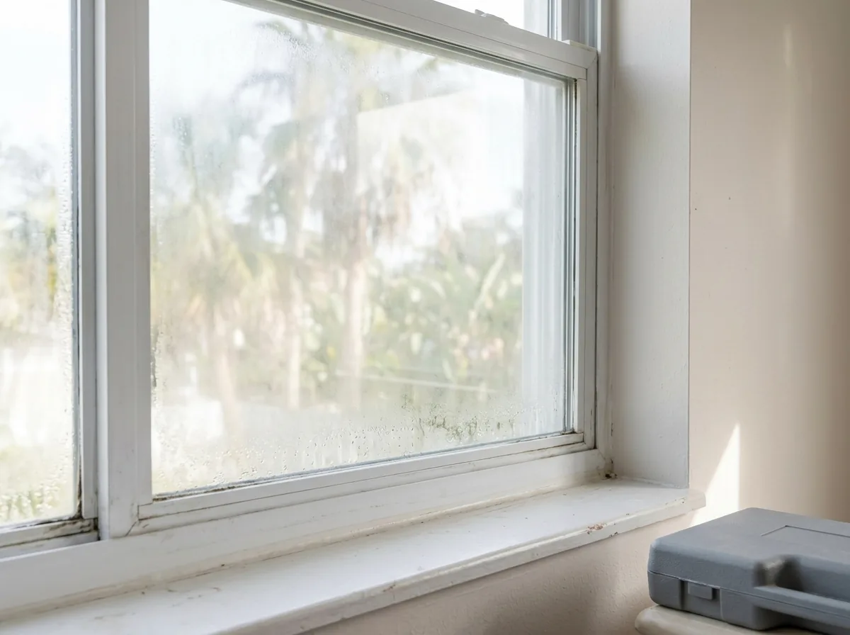 Double-pane window with condensation trapped between the glass layers