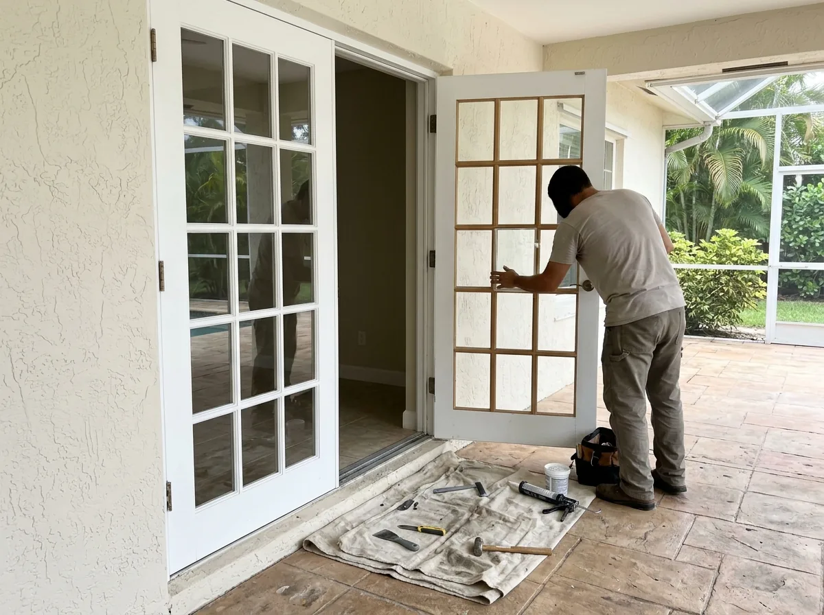 Glazier fitting a new glass pane into a white French door on a patio