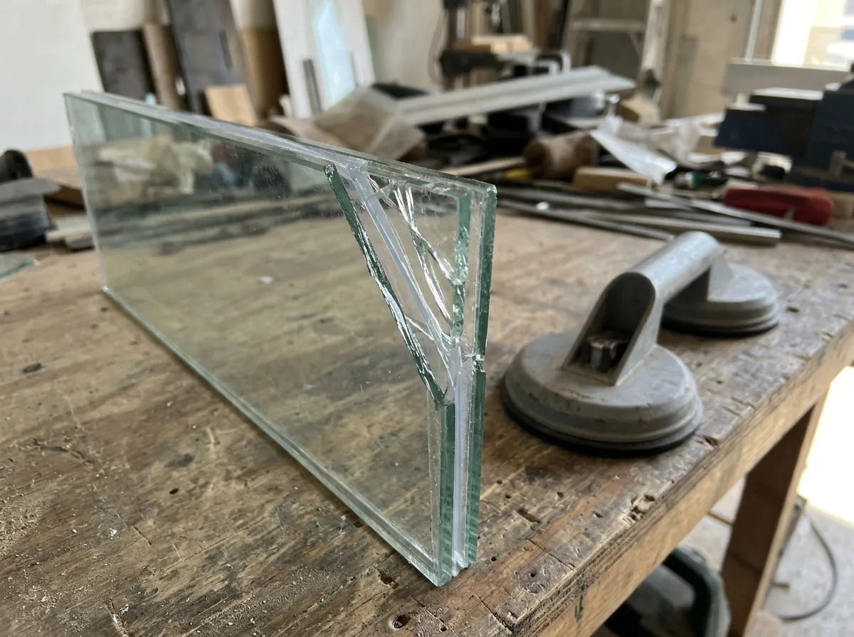Edge of laminated impact glass showing the clear interlayer between two panes