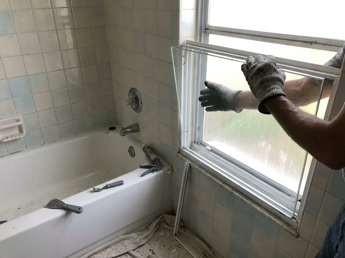 Tempered glass pane being set into a window frame beside a bathtub
