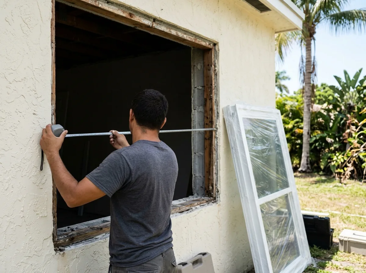 Installer measuring a window opening in a stucco wall before a new window goes in