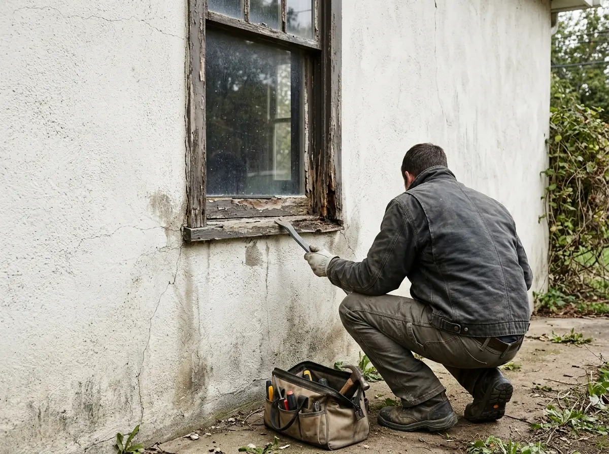 Technician inspecting a damaged window frame corner with a plain gray pry bar