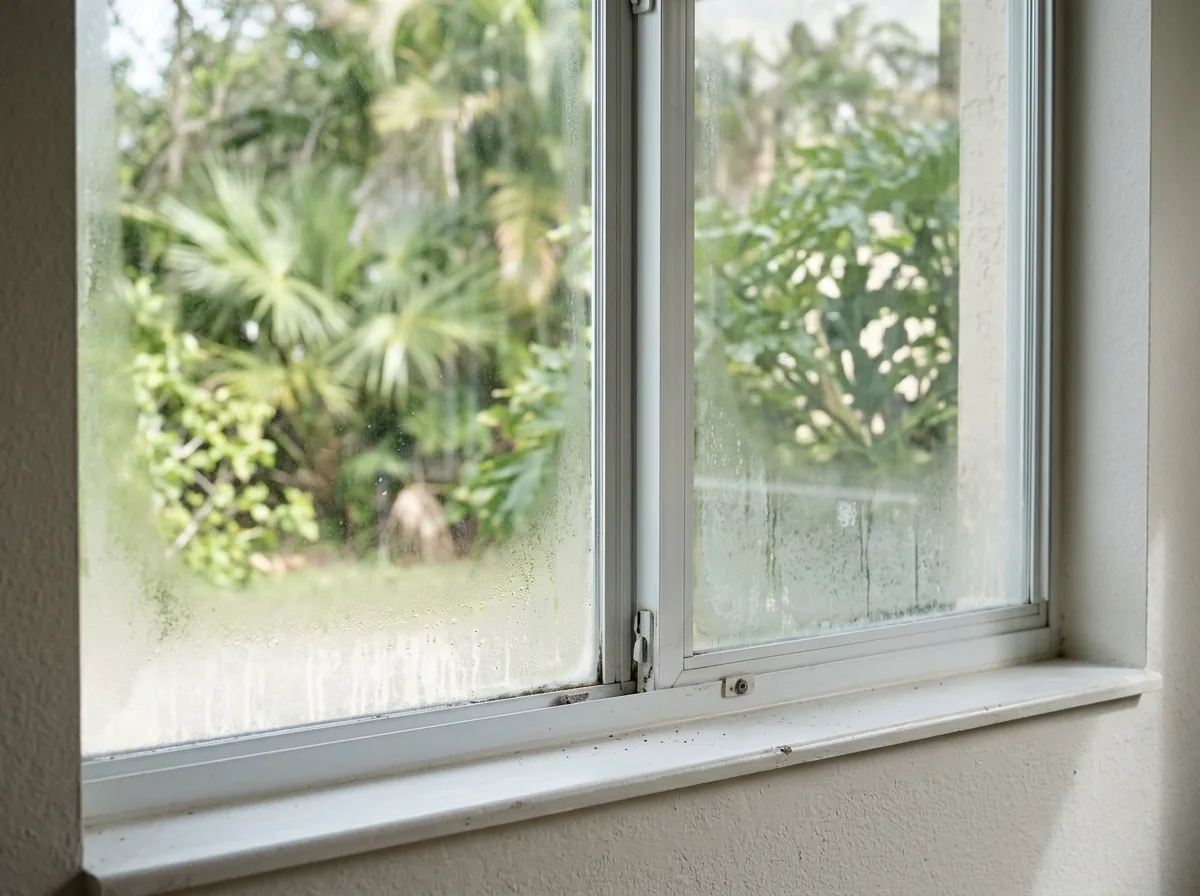 Fogged double-pane window with water marks at the bottom of the glass