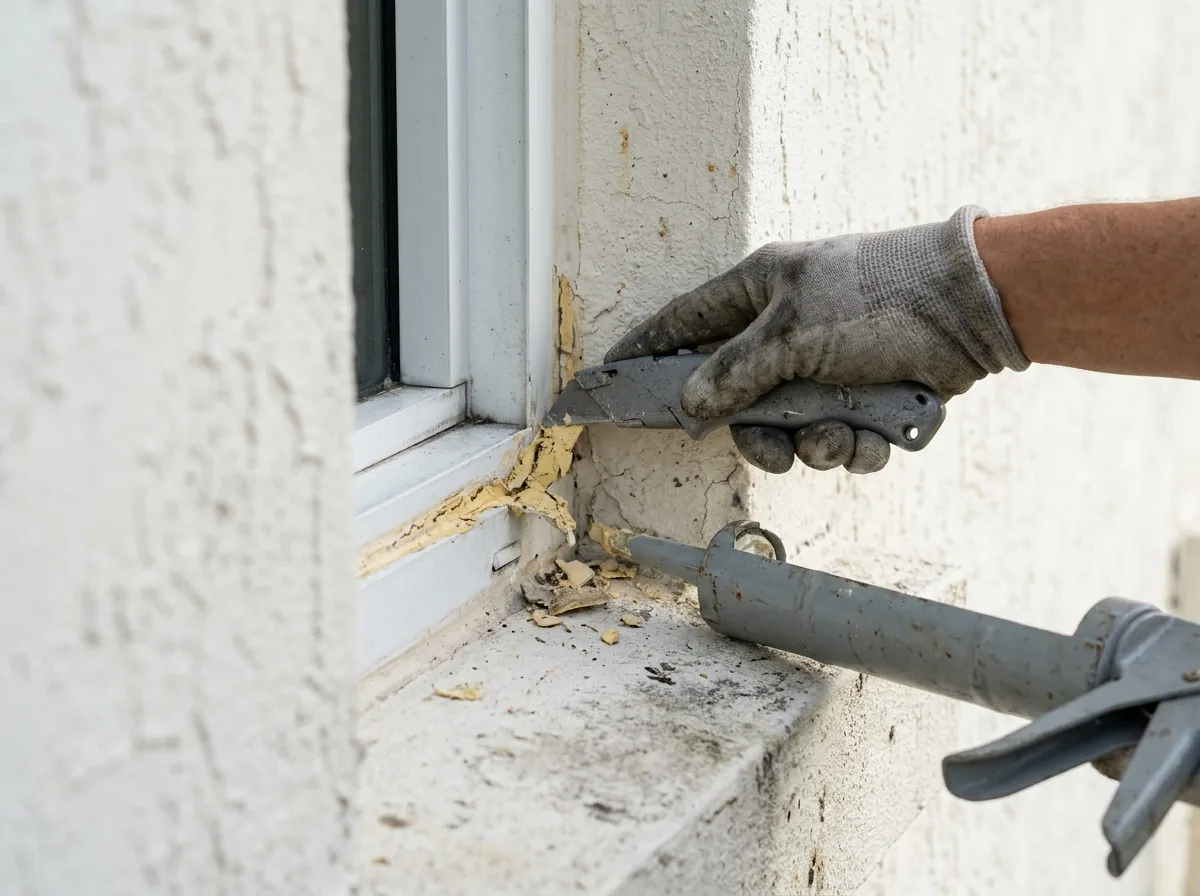 Old cracked caulk being cut out from around a window frame on a stucco wall