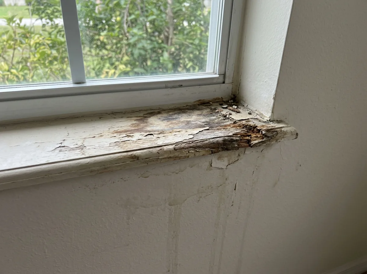 Soft, water-stained window sill with peeling paint under a window