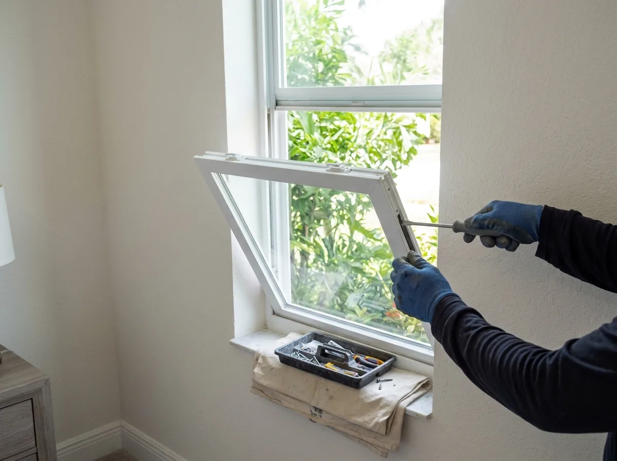 Technician adjusting the balance spring inside the jamb of a white single-hung window
