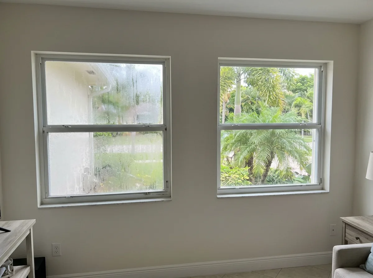 Double-pane window with fogging between the glass panes beside a clear one