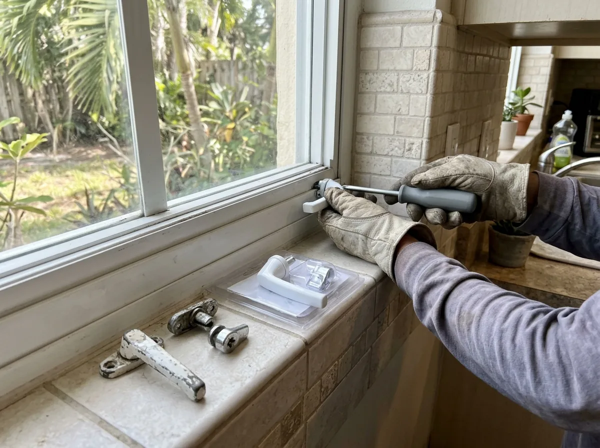 Close-up of a casement window crank handle and lock being replaced on an aluminum frame
