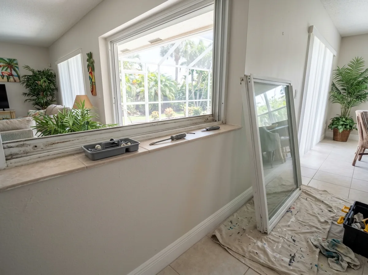 Horizontal roller window sash lifted out of its track for repair