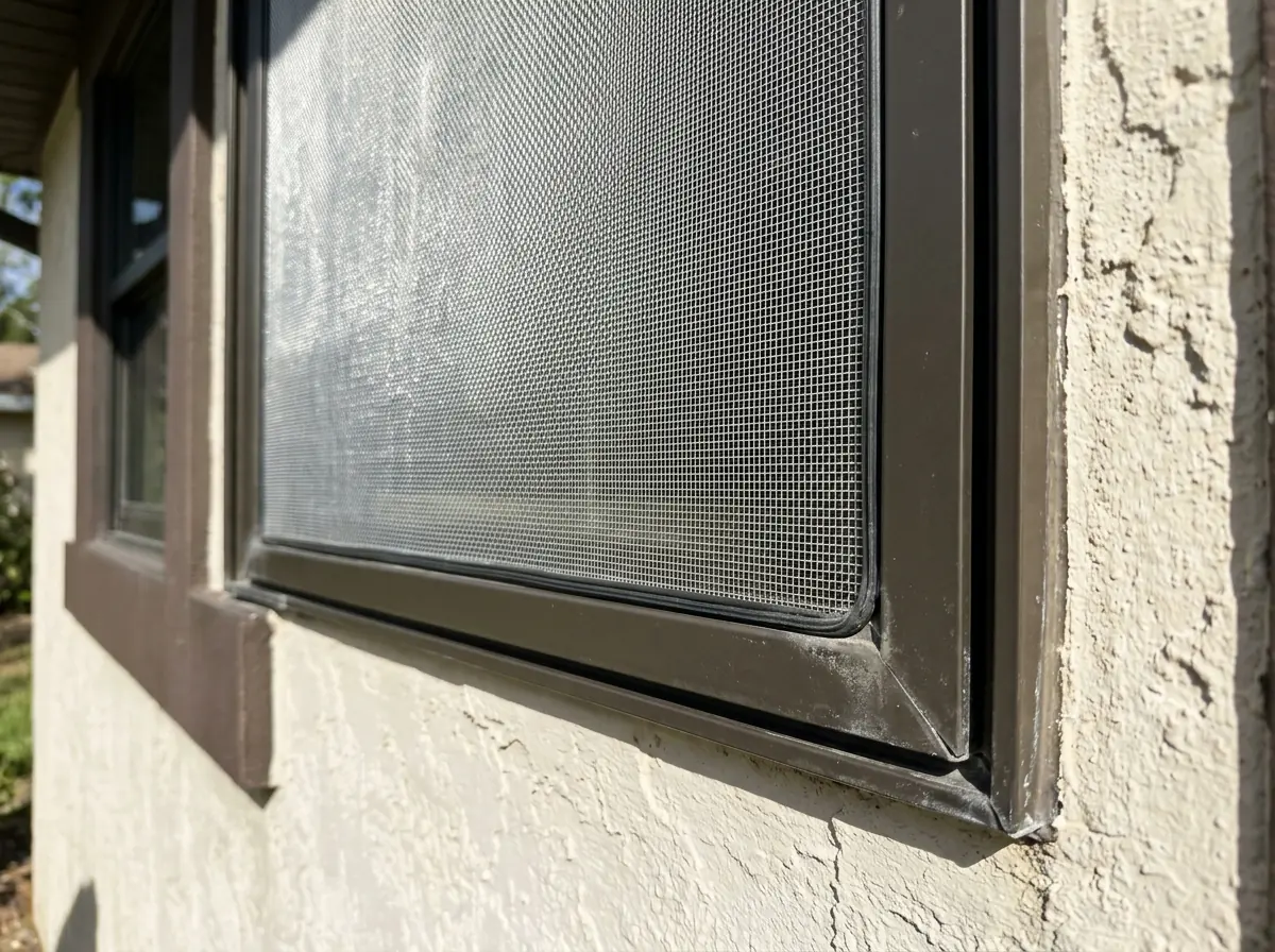 Bright aluminum mesh window screen on a window of a stucco home