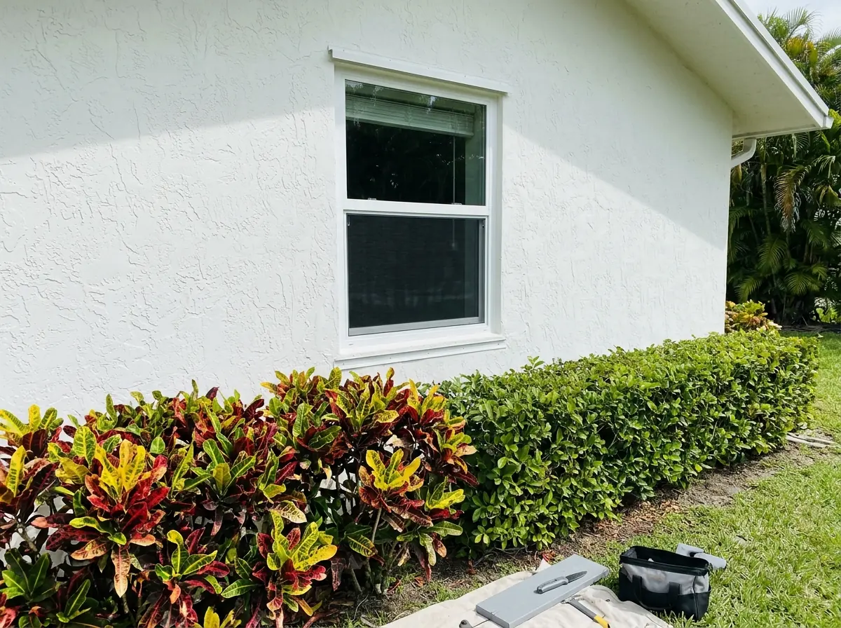 Charcoal fiberglass window screen fitted on a white single-hung window