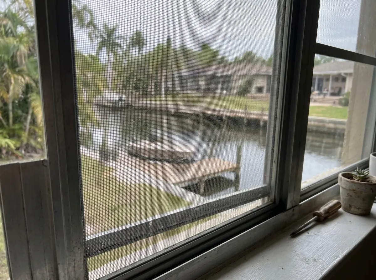 Close view of fine no-see-um screen mesh on a window facing a canal