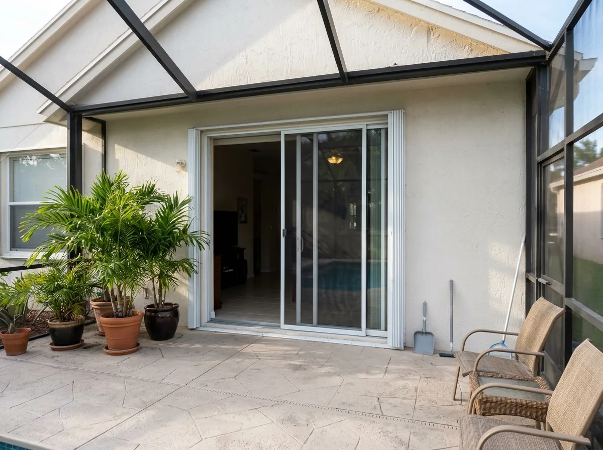 New sliding screen door on the track of a patio sliding glass door