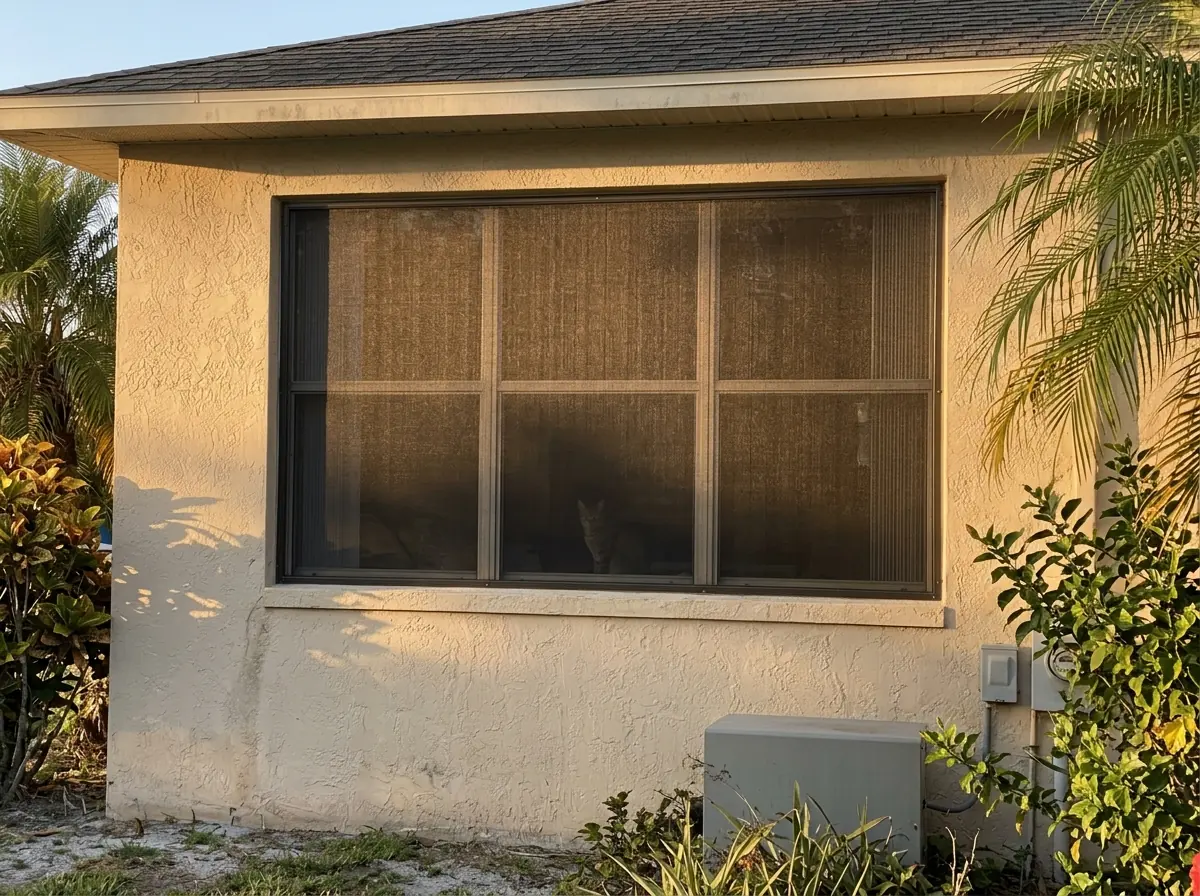 Dark solar screen mesh on a sunny west-facing window